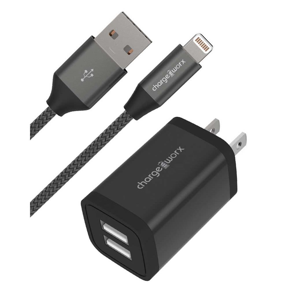 Chargeworx 2.4A Dual USB Metal Wall Charger & 6ft Lightning Cable, Black CHA-CX3215BK