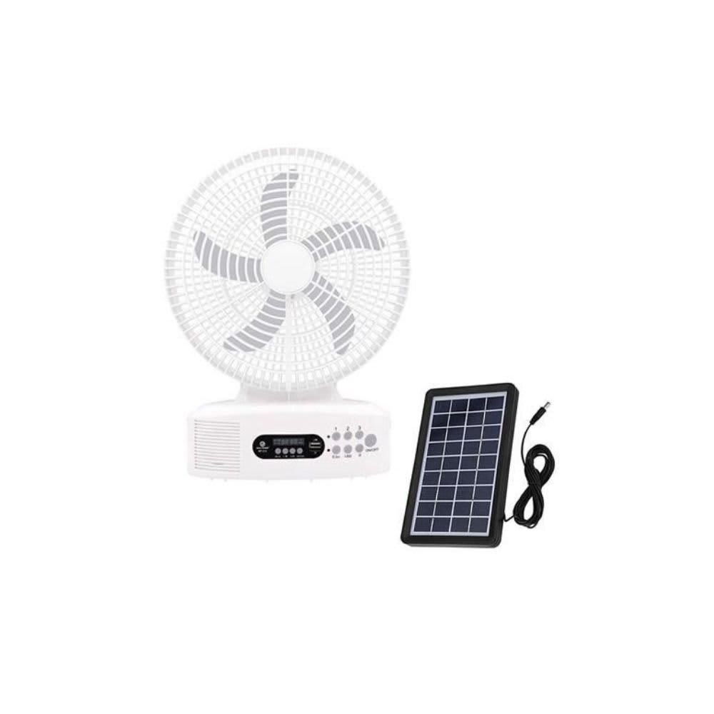 QUANTECK – Rechargeable Solar Fan with Bluetooth & USB Speaker – White