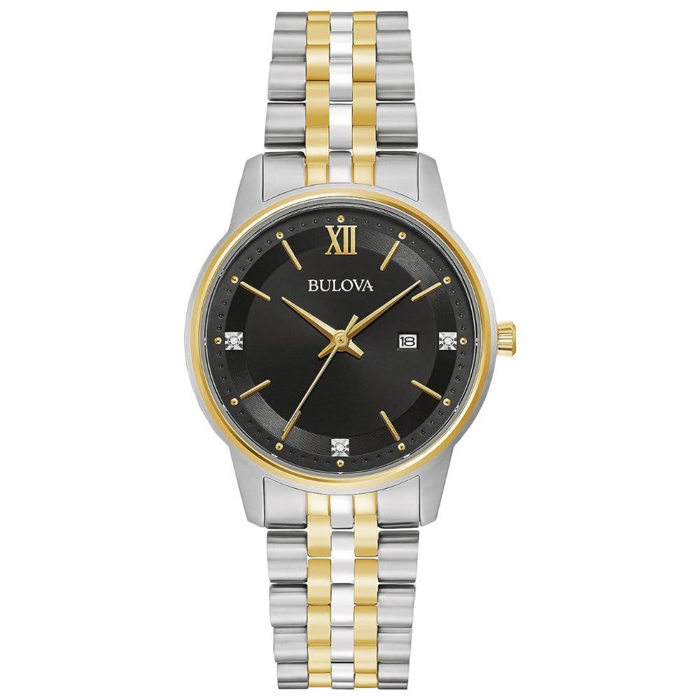 Bulova Ladies' Classic Diamond Two-Tone Gold Stainless Steel 3-Hand Calendar Date Quartz Watch, Black Dial Style: 98P198