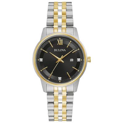 Bulova Ladies' Classic Diamond Two-Tone Gold Stainless Steel 3-Hand Calendar Date Quartz Watch, Black Dial Style: 98P198