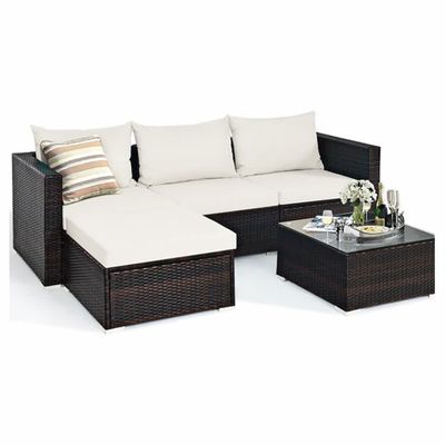 Costway 5 Pieces Patio Rattan Furniture set with cushions a coffer table Off White HW67769BWH+