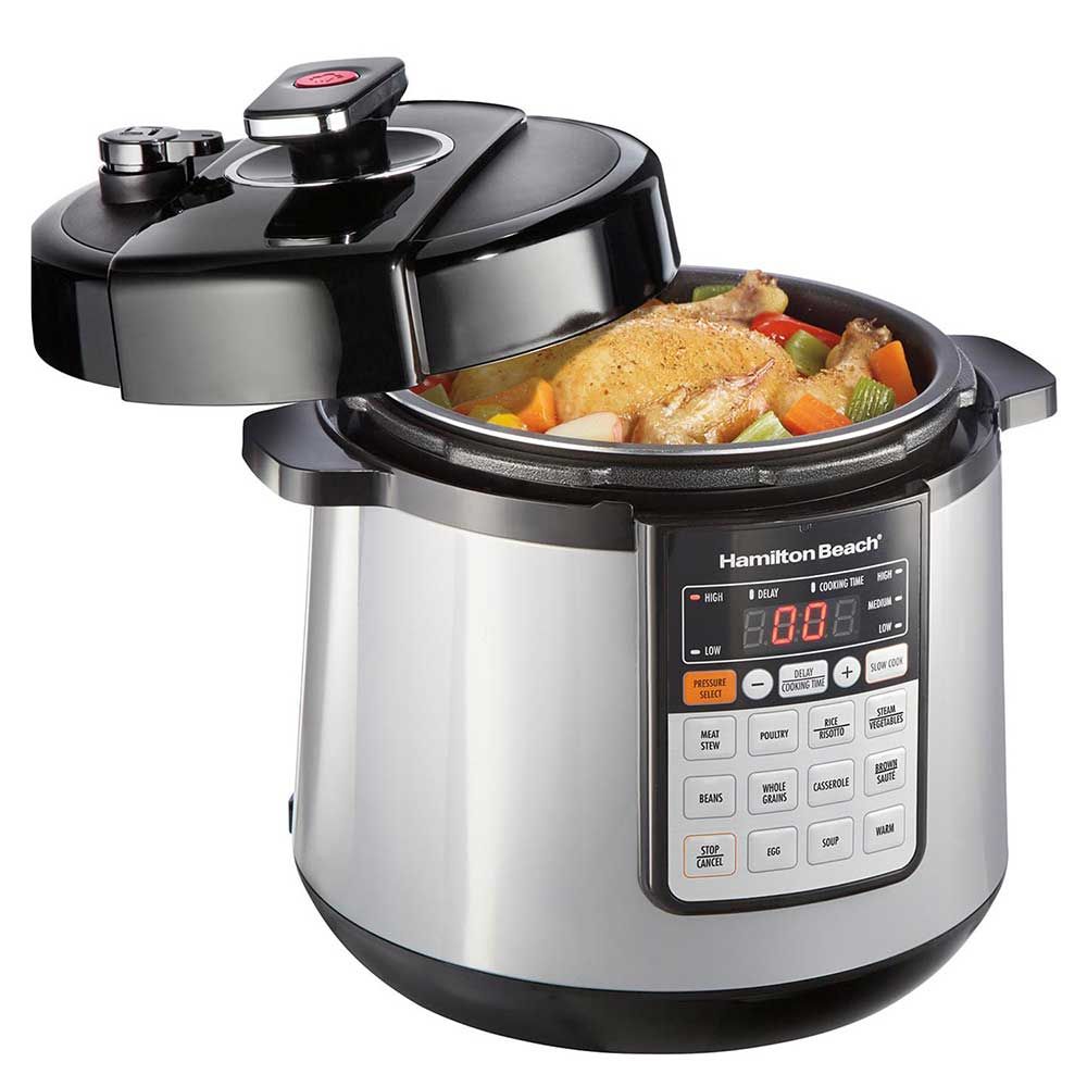 Hamilton Beach 6 Qt Pressure Cooker With Unique Steam Release Button True Slow Cook 34500