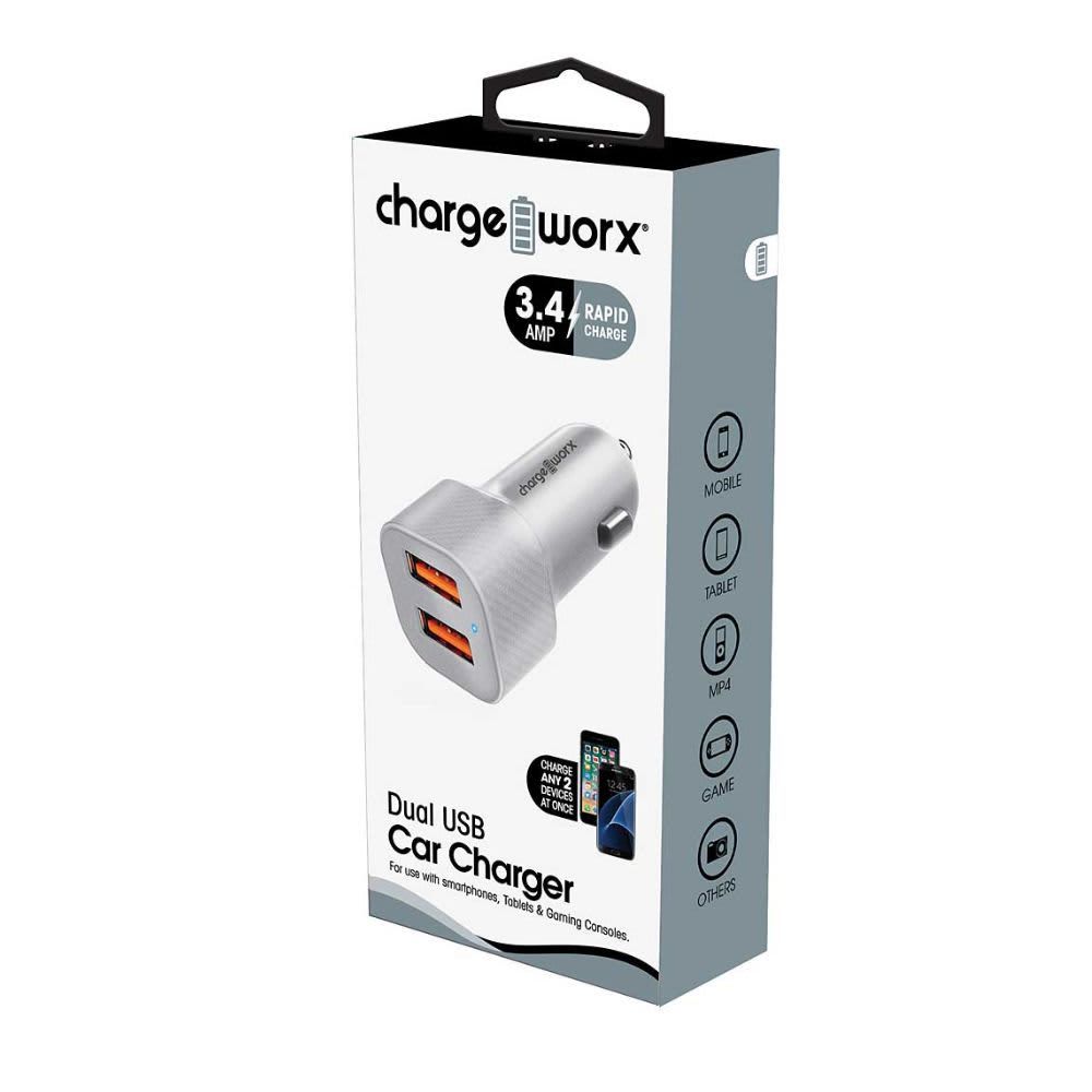 Chargeworx Dual USB Rapid Car Charger, Silver CHA-CX3039SL