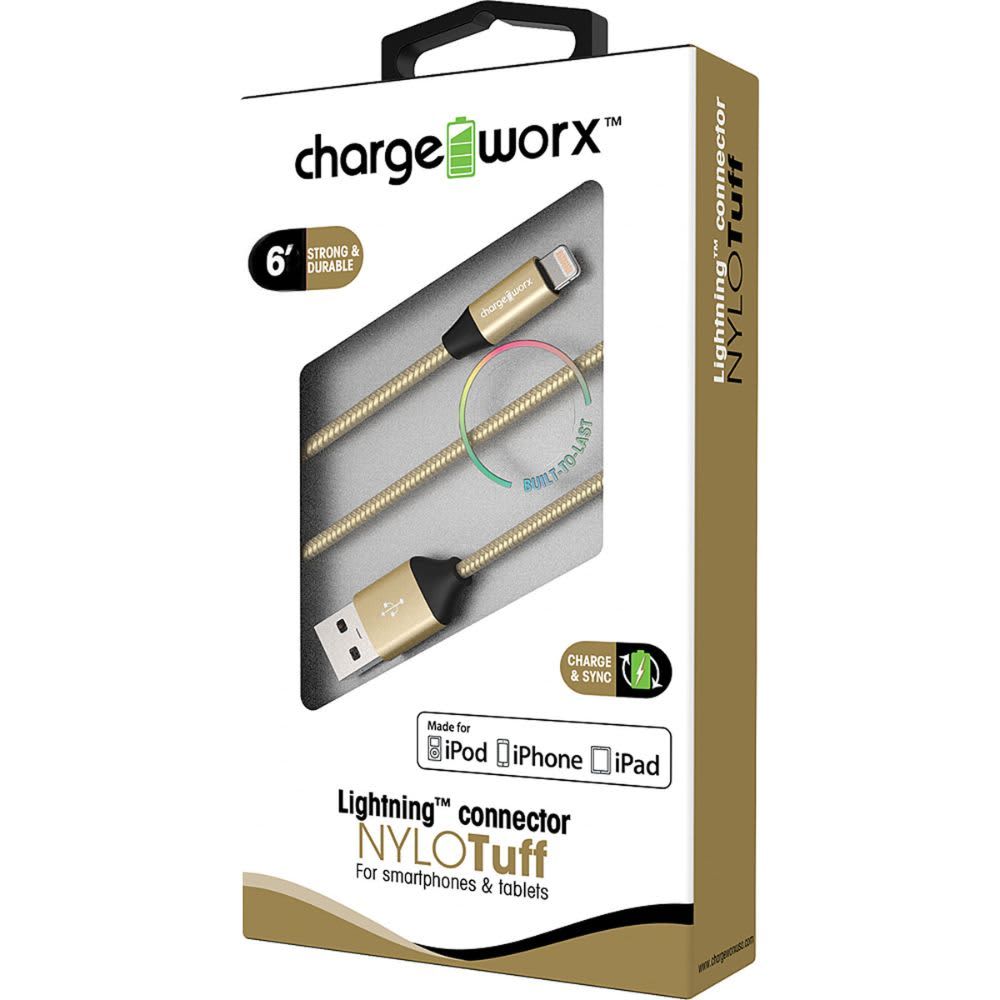 Chargeworx "NYLO" Tuff 6ft Lightning Sync & Charge Cable, Gold CHA-CX4805GD