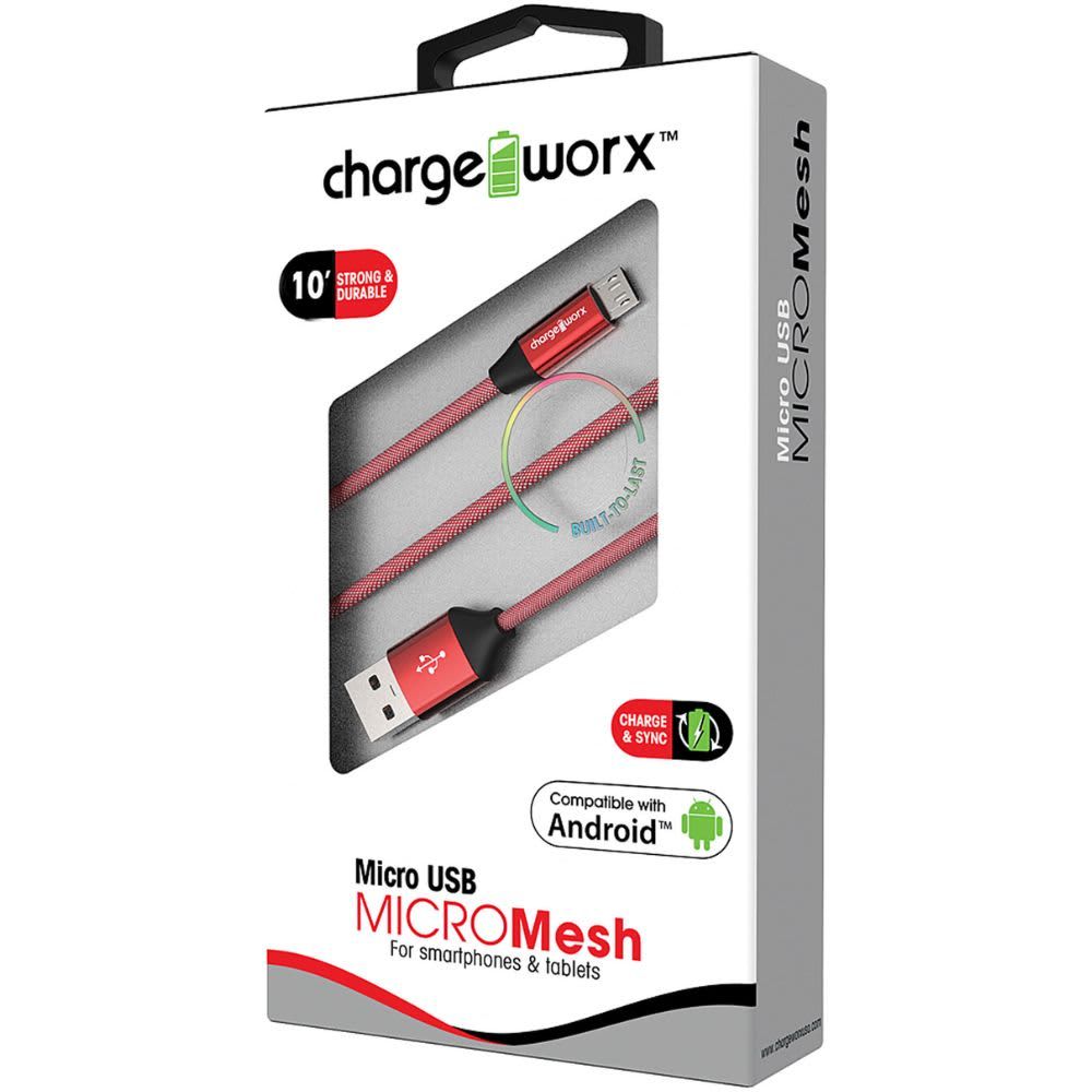 Chargeworx 10ft Micro USB Sync & Charge Cable Red CHA-CX4828RD