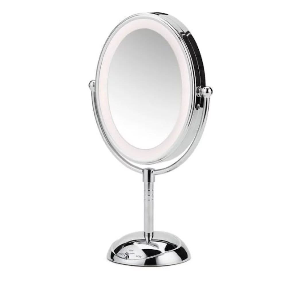 Conair Lighted Makeup Mirror, LED Vanity Mirror, 1X/7X Magnifying Mirror, Double Sided, Battery Operated in Polished Chrome BE51LSNXR
