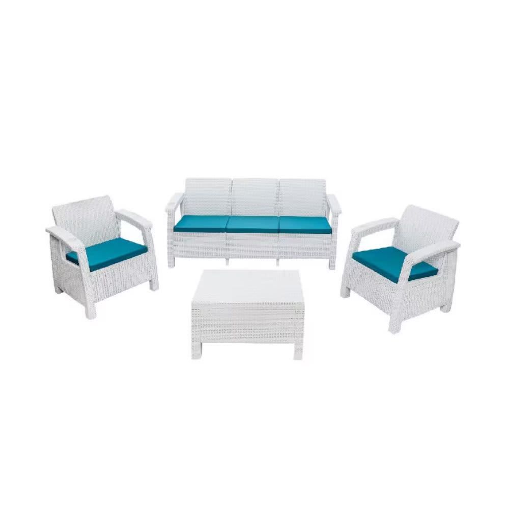 MQ White 4-Piece Resin Outdoor Patio Sofa Set with Turquoise Cushions 427-WHT