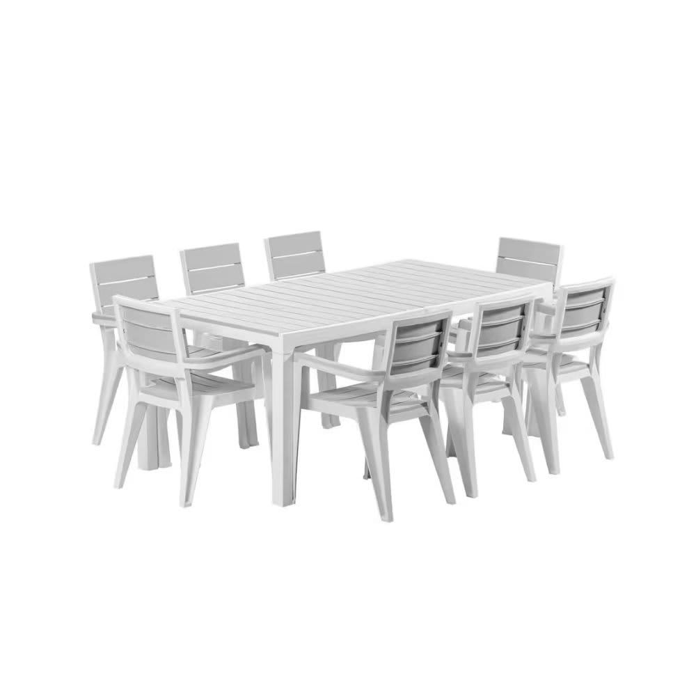 MQ Madeira 9-Piece White and Gray Indoor and Outdoor 8-Seat Rectangular Table and 8 Arm Chair Set 464-SILVER