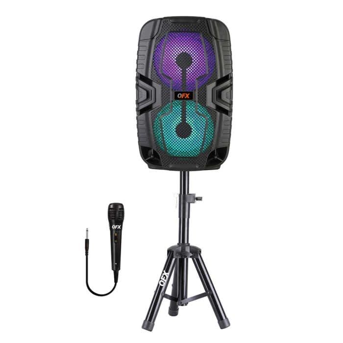 QFX – 2 × 6.5″ Rechargeable Bluetooth Speaker with Stand & Wired Mic – Black
