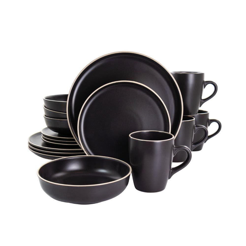 GIBSON ELITE – Serenade 16‑Piece Round Stoneware Dinnerware Set – Black