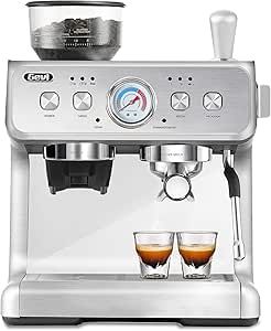 GEVI – 20-Bar Semi Automatic Espresso Machine with Grinder and Steam Wand – Silver/Black