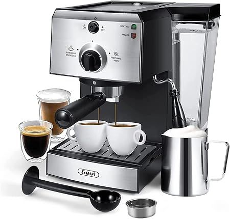 GEVI – 20-Bar Professional Espresso Machine with Grinder and Milk Frother – Black/Silver