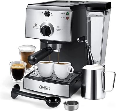 GEVI – 20-Bar Professional Espresso Machine with Grinder and Milk Frother – Black/Silver