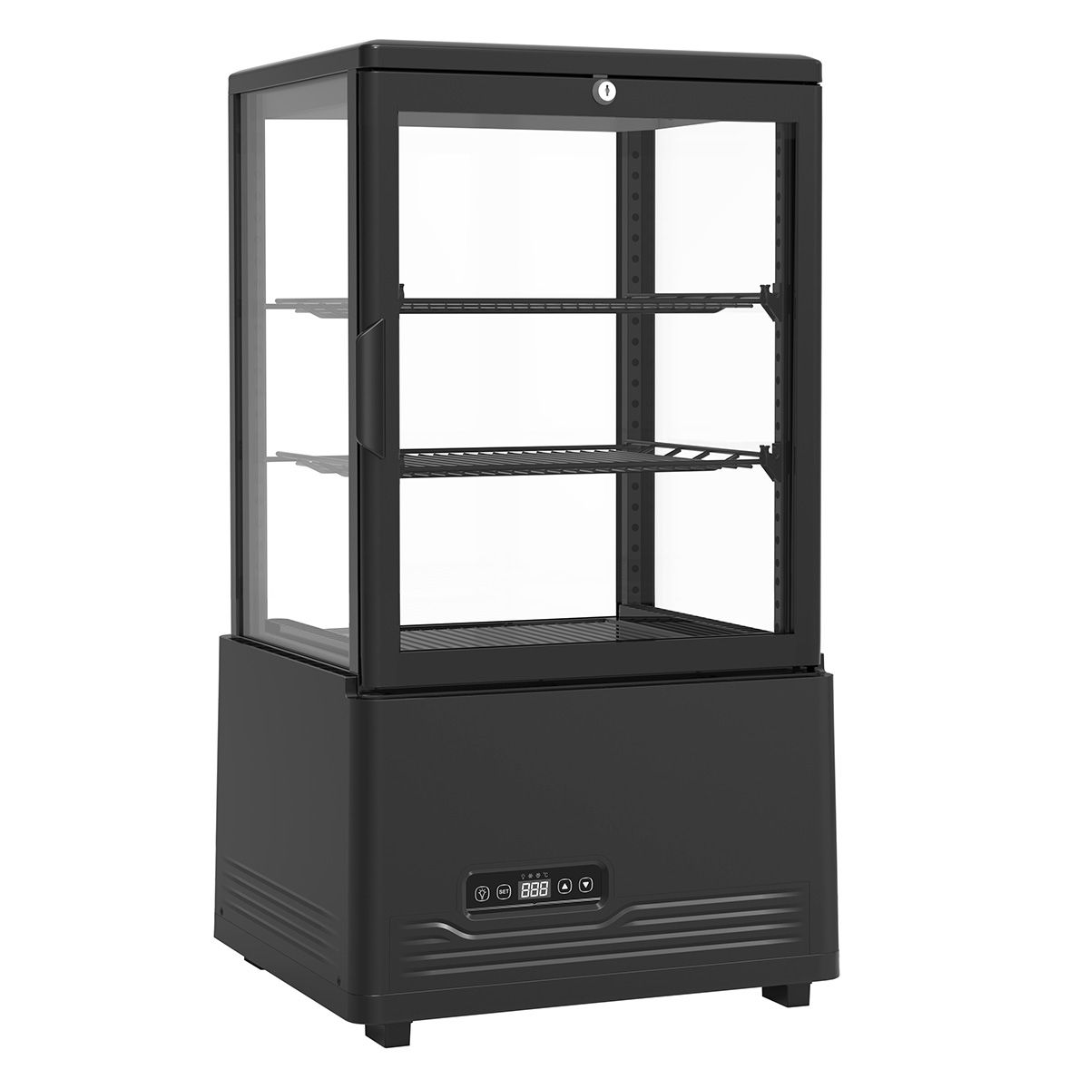 Premium Levella – 2.1 Cu. Ft. 4-Sided Glass Refrigerated Display Case – Black