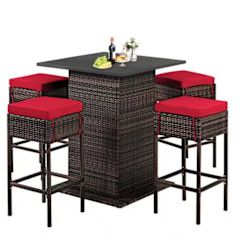 COSTWAY – 5 Pieces Patio Rattan Bar Furniture Set with Cushions and Hidden Storage Shelf – Red COSTWAY – 5 Pieces Patio Rattan Bar Furniture Set with Cushions and Hidden Storage Shelf – Red