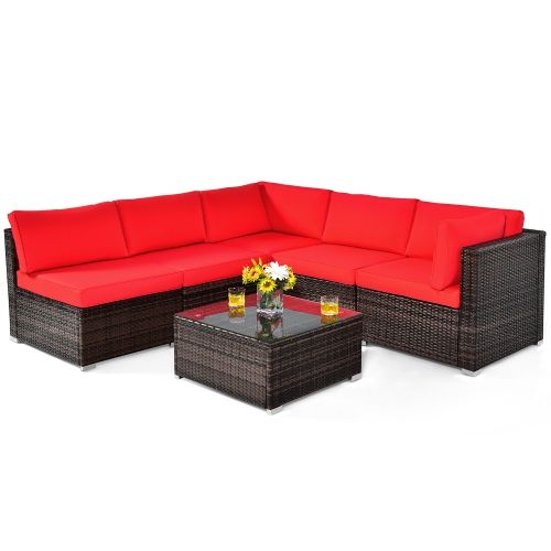 COSTWAY – 6 Pieces Patio Rattan Furniture Set with Cushions – Red COSTWAY – 6 Pieces Patio Rattan Furniture Set with Cushions – Red