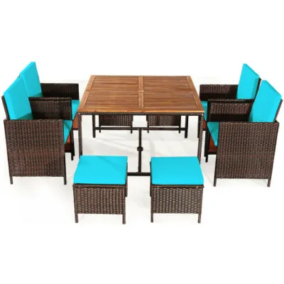 COSTWAY – 7-Piece Patio Rattan Dining & Lounge Set with Cushions – Turquoise