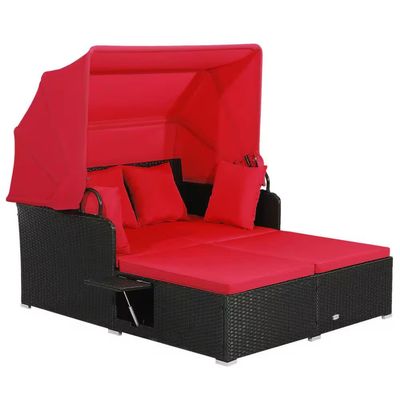 COSTWAY – Patio Rattan Daybed with Retractable Canopy and Side Tables – Red