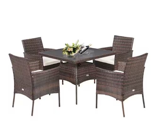 COSTWAY – 5-Piece Wicker Patio Dining Set with 4 Armrest Chairs – Brown
