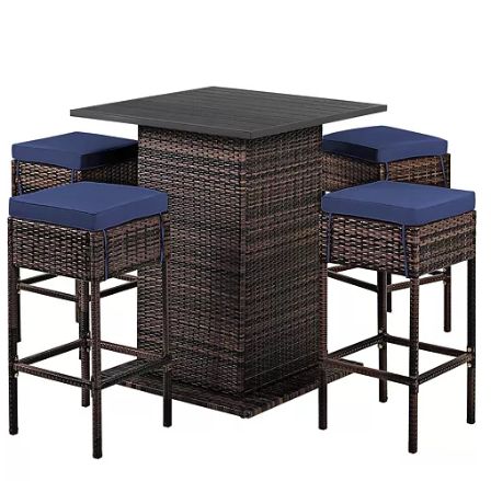 COSTWAY – 5-Piece Patio Rattan Bar Furniture Set with Cushions and Hidden Storage Shelf – Navy COSTWAY – 5-Piece Patio Rattan Bar Furniture Set with Cushions and Hidden Storage Shelf – Navy
