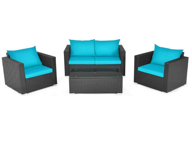 COSTWAY – 4 Piece Patio Rattan Conversation Set with Turquoise Cushions – Brown Rattan