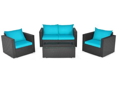 COSTWAY – 4 Piece Patio Rattan Conversation Set with Turquoise Cushions – Brown Rattan