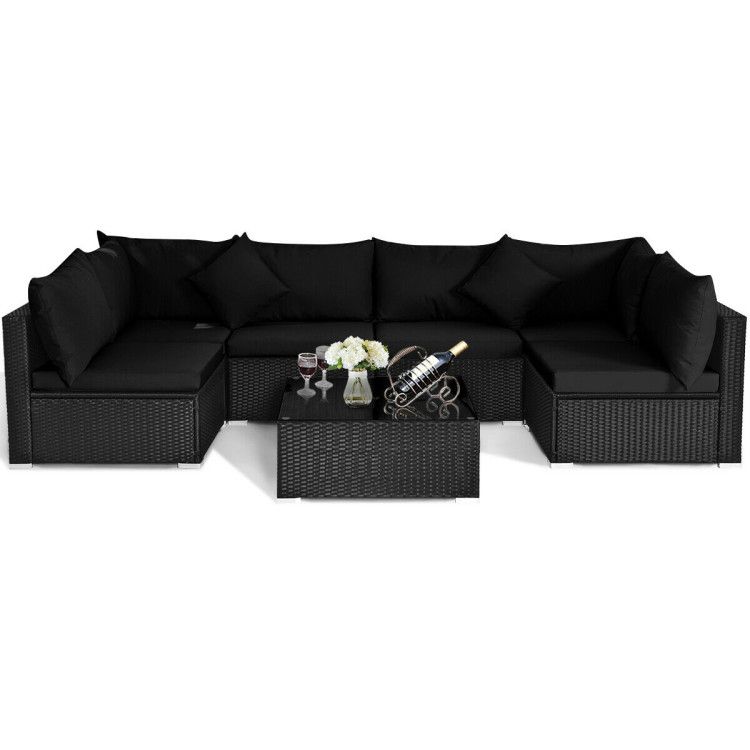 COSTWAY – 7 Pieces Sectional Wicker Furniture Sofa Set with Tempered Glass Top – Black