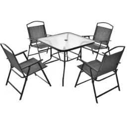 COSTWAY – 5 Piece Metal Frame Patio Dining Set for 4 with Umbrella Hole – Gray & Black