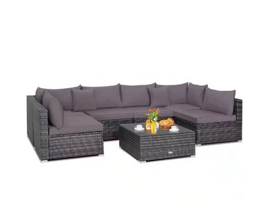 COSTWAY – 7-Piece Patio Rattan Furniture Set Sectional Sofa Cushioned – Grey COSTWAY – 7-Piece Patio Rattan Furniture Set Sectional Sofa Cushioned – Grey