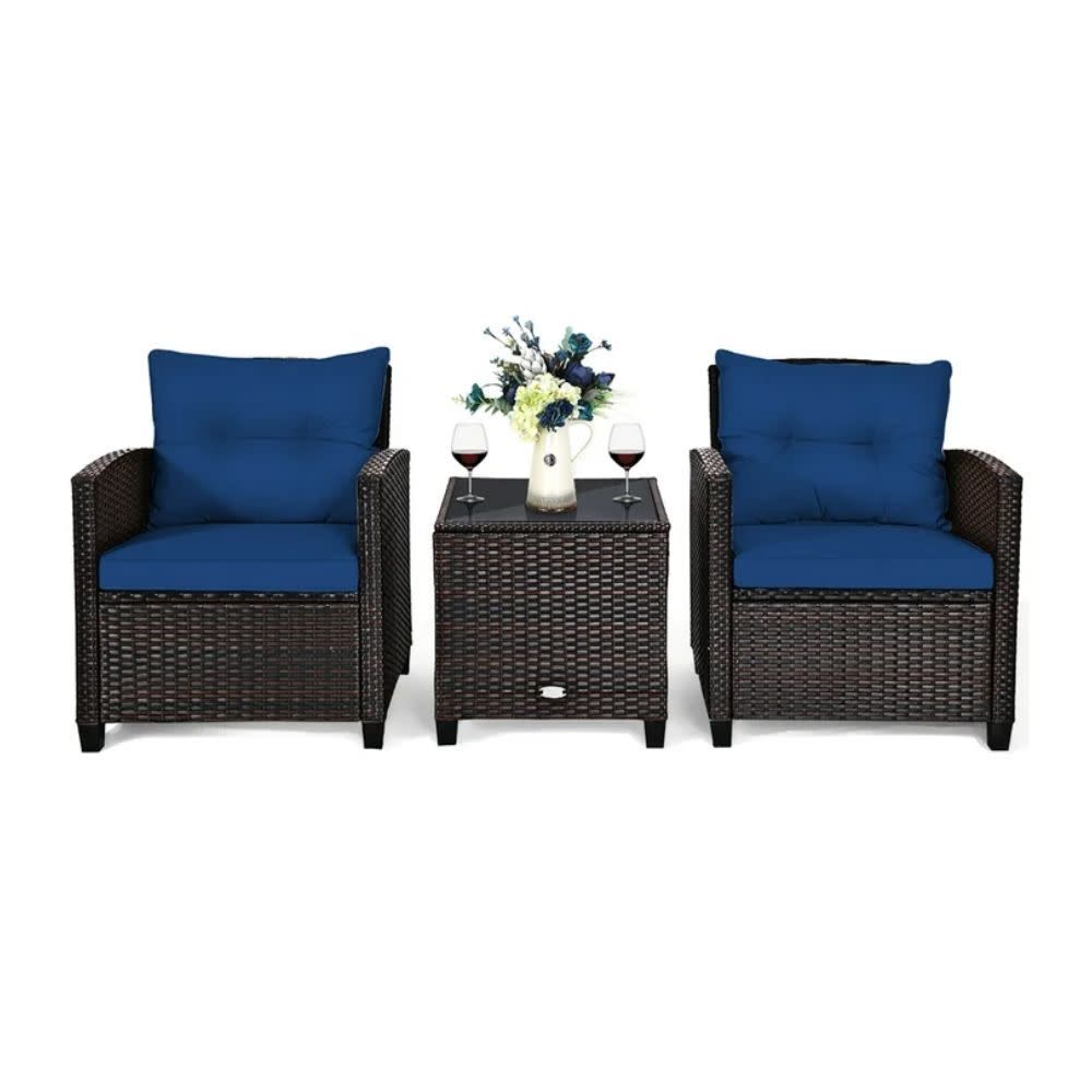 COSTWAY – 3‑Piece Patio Rattan Furniture Set with 4 Removable Cushions – Navy