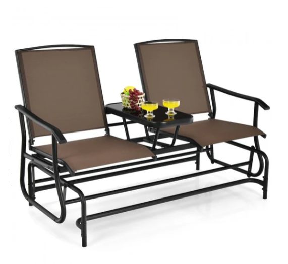 COSTWAY – 2‑Person Double Rocking Loveseat with Mesh Fabric and Center Tempered Glass Table – Brown COSTWAY – 2‑Person Double Rocking Loveseat with Mesh Fabric and Center Tempered Glass Table – Brown