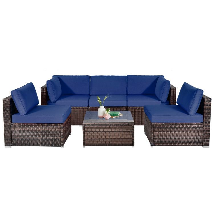 COSTWAY – 6 Piece Patio Rattan Furniture Set with Cushions and Glass Coffee Table – Navy