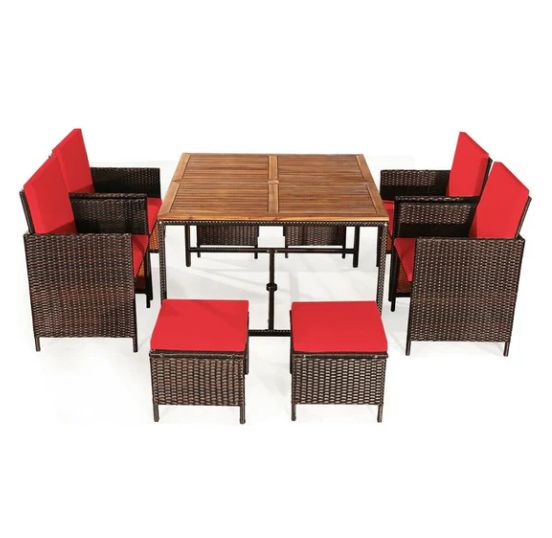 COSTWAY – 9 Piece Patio Rattan Dining Set with Cushioned Chairs – Red