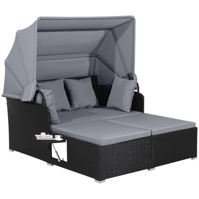 COSTWAY – Patio Rattan Daybed with Retractable Canopy and Side Tables – Gray