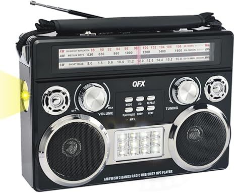 QFX – AM/FM/SW 3-Band Radio with 6" Oscillating Solar Rechargeable Fan – Black