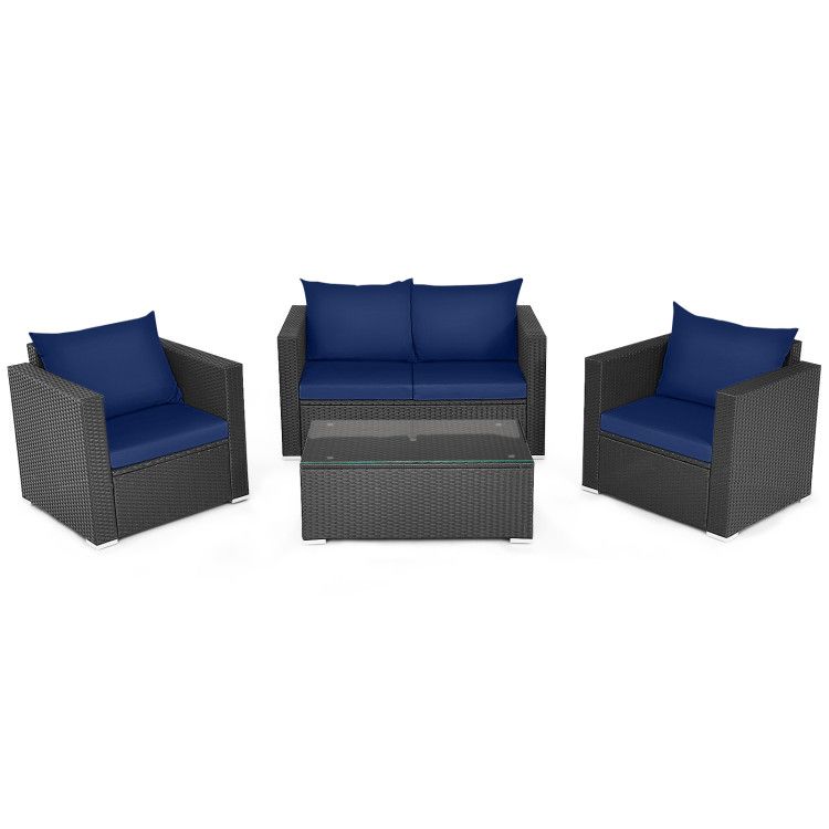 COSTWAY – 4‑Piece Patio Rattan Conversation Set with Padded Cushions – Navy