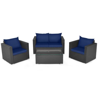 COSTWAY – 4‑Piece Patio Rattan Conversation Set with Padded Cushions – Navy