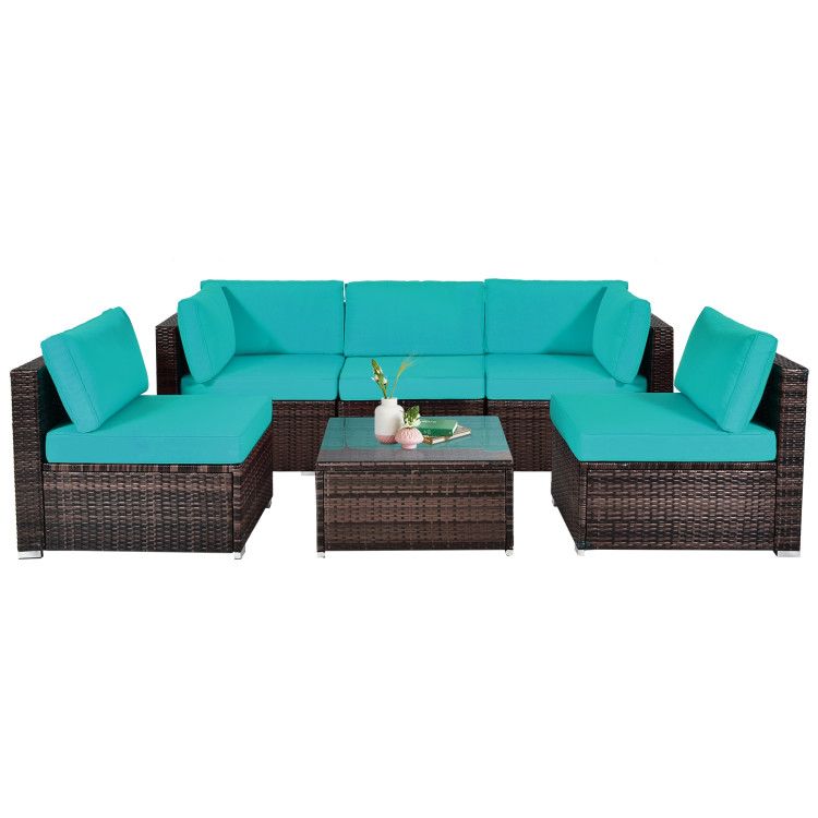 COSTWAY – 6 Piece Patio Rattan Furniture Set with Cushions – Turquoise