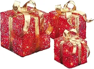 NATIONAL TREE COMPANY – Pre-Lit Red Sisal Gift Box Assortment – 3-Piece Set