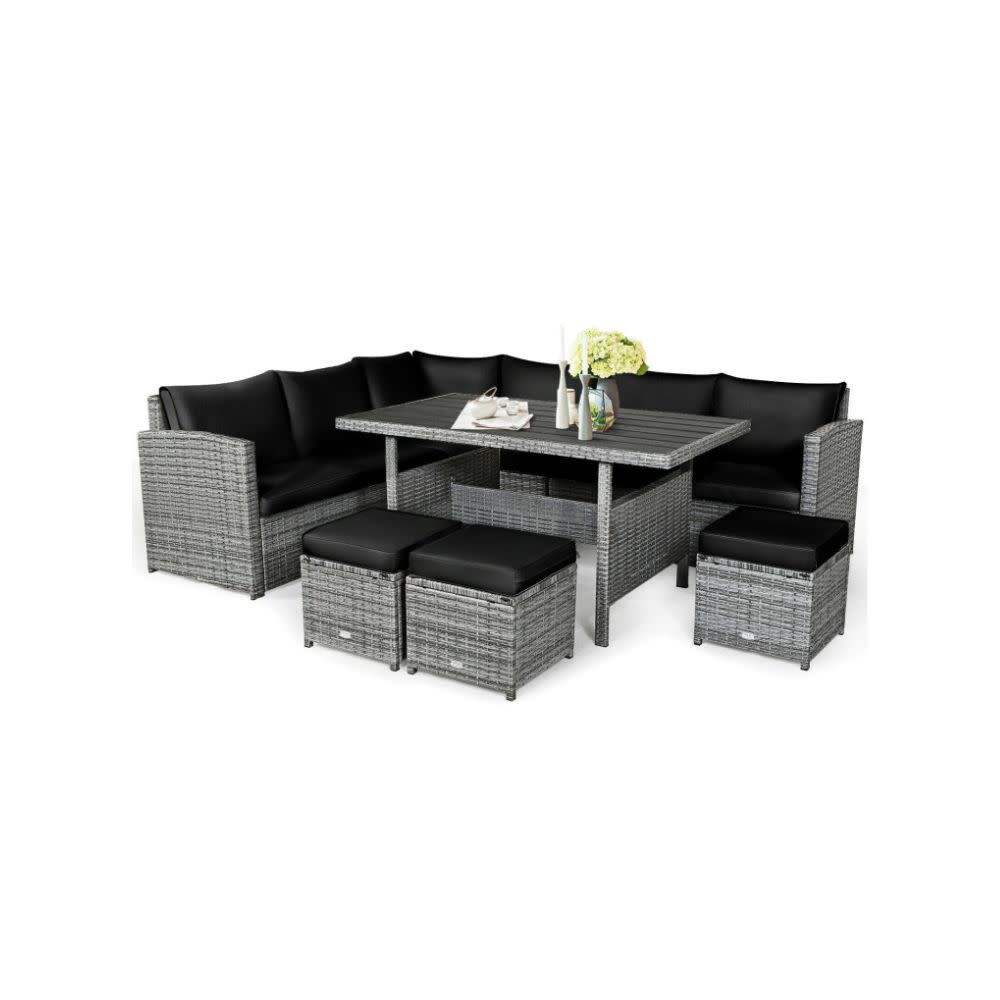 COSTWAY – 7 Piece Outdoor Wicker Sectional Sofa Set with Dining Table – Black