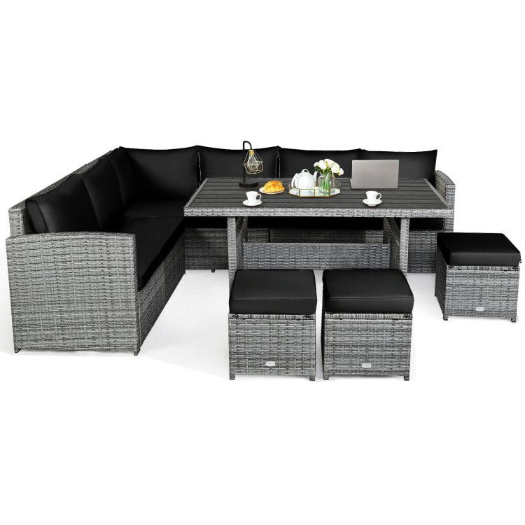 COSTWAY – 7 Piece Outdoor Wicker Sectional Sofa Set with Dining Table – Black