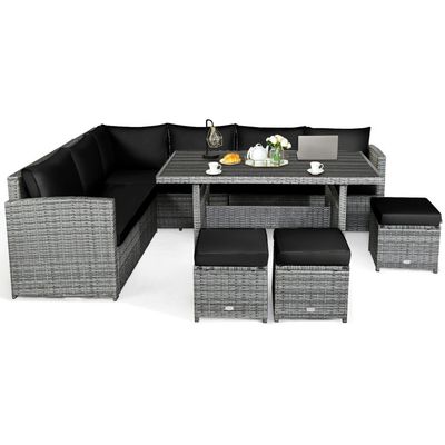 COSTWAY – 7 Piece Outdoor Wicker Sectional Sofa Set with Dining Table – Black