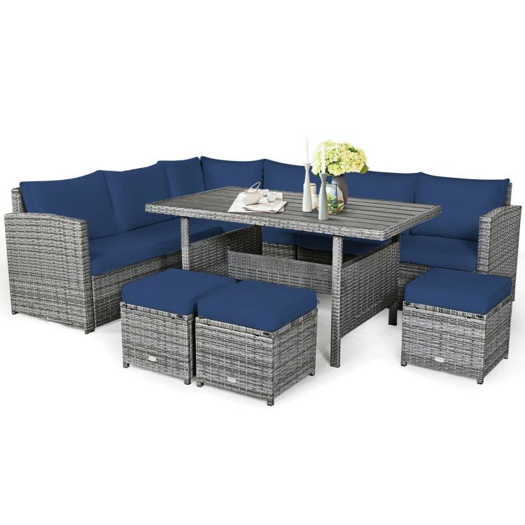COSTWAY – 7 Pieces Outdoor Wicker Sectional Sofa Set with Dining Table – Navy