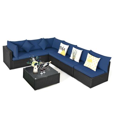 COSTWAY – 7 Pieces Outdoor Wicker Sectional Sofa Set with Dining Table – Navy COSTWAY – 7 Pieces Outdoor Wicker Sectional Sofa Set with Dining Table – Navy