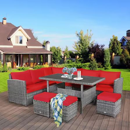 COSTWAY – 7 Pieces Outdoor Wicker Sectional Sofa Set with Dining Table – Red