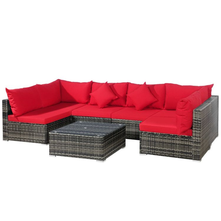 COSTWAY – 7 Pieces Sectional Wicker Furniture Sofa Set with Tempered Glass Top – Red COSTWAY – 7 Pieces Sectional Wicker Furniture Sofa Set with Tempered Glass Top – Red