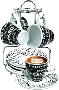 BENE CASA – Ceramic 9 Piece Espresso Set Including Metal Stand – White with Black Lettering BENE CASA – Ceramic 9 Piece Espresso Set Including Metal Stand – White with Black Lettering