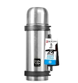 BENE CASA – 34 oz Thermos Bottle with Lid and Handle – Silver/Black