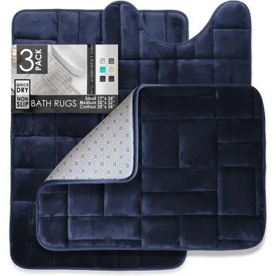 CLARA CLARK – Waffled Velvet Memory Foam Bath Mat Set – Navy