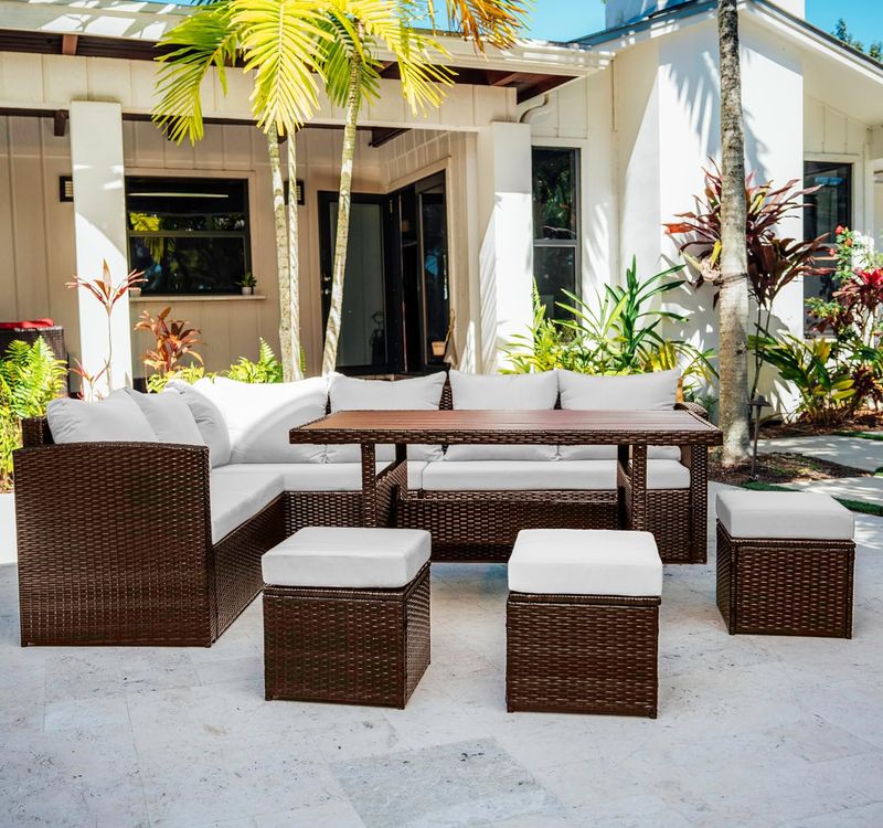 NESTL – 7-Piece Brown Wicker Patio Outdoor Dining Sofa Set with Off-White Cushions – Brown / Off-White